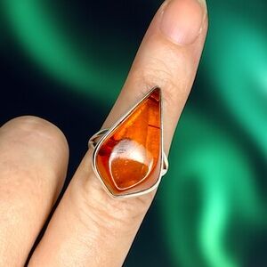 Preloved Fab Genuine Amber Teardrop Ring in Sterling Silver Setting